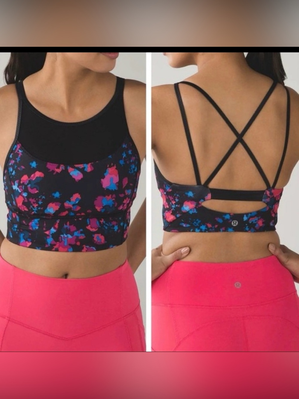 Lululemon Clip-In Long Line Bra in Dandy Digie Multi / Black. Luxtreme. Size 4.
